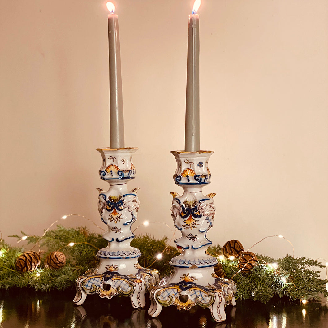 Pair French Faience Rouen Candlesticks 19th Century