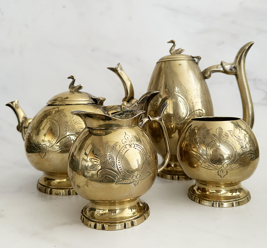 Antique Victorian Tea & Coffee Service: Engraved Swan Finial